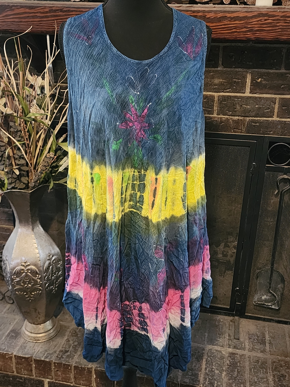 Boho Tie-Dye Sleeveless Short Dress - Blue, Yellow & Pink